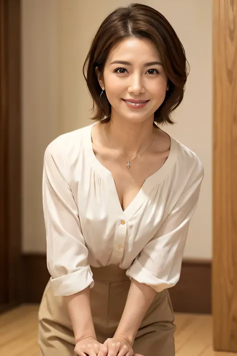 8K, Highest quality, masterpiece, Realistic, Realistic, Very detailed, Natural light, 1 Japanese female, 40 years old, Slightly brown-haired, short hair, White shirt, (Leaning forward to look into the floor camera), Detailed bending forward, Underwear and ...