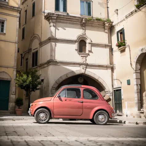 (fiat500, classical old italian fiat 500 car, sassi_di_matera), a small bright pink-fucsia car. the old fiat 500 that runs throu...