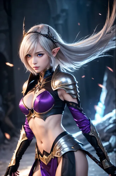 8K,Blonde short bob hair elf、Super Beauty(Like the real thing),An Arafed woman in purple and black holding a silver and purple bow、超詳細なFantasy Characters、3DレンダリングCharacter Art,blue eyes、artgerm;3D Unreal Engine、Fantasy Costume,Detail Fantasy、Stunning Armor...