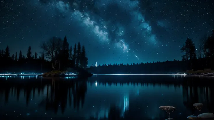 A blue glowing tree made of light in the center, shimmering with silver stars on the water surface. The background is dark and starry sky, with a blue faint glow on top of it. Add small circle lights floating around. In an animated style, the leaves sparkl...