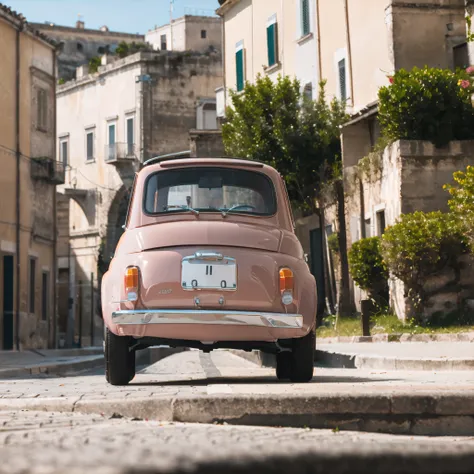 (fiat500, classical old italian fiat 500 car, sassi_di_matera), [view from the bottom, rear view]. a small bright pink-fucsia ca...