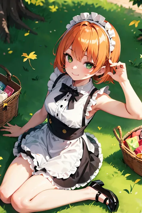 1 girl, neko mimi, loli, anime neko mimi orange short hair girl sitting in grass wearing maid outfit, eagle eye perspective, girl looking up with lovely shining green emerald eyes, cutest smile, outdoor background, floating sakura leaves, girl picnicking u...