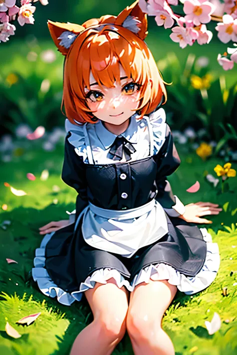 1girl, neko mimi loli, loli anime neko mimi, orange short hair girl, girl sit in grass, girl wearing maid outfit, eagle eye perspective, girl look up, girl shining eye, girl eye color green, girl cutest smile, outdoor background, floating Sakura leafs, gir...