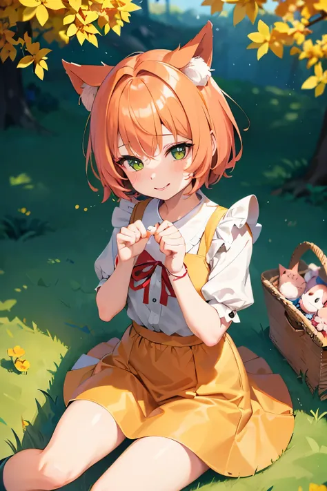 1 girl, neko mimi, loli, anime neko mimi orange short hair girl sitting in grass wearing maid outfit, eagle eye perspective, girl looking up with lovely shining green emerald eyes, cutest smile, outdoor background, floating sakura leaves, girl picnicking u...