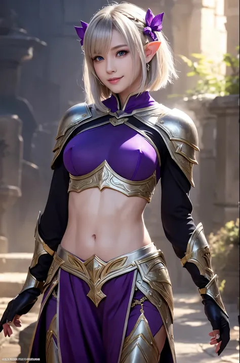 8K,Blonde short bob hair elf、Super Beauty(Like the real thing),An Arafed woman in purple and black holding a silver and purple bow、Ultra-detailed fantasy characters、3DレンダリングCharacter Art,blue eyes,Detail Fantasy、Stunning Armor、見事なCharacter Art、Enchantingなメ...