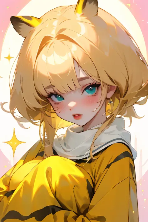 (high quality) (Best Quality) (Una Women) (correct physiognomy) (perfect students) (Perfect eyes) Women, blonde hair with bangs on the forehead, TWO cat ears growing out of his head, eyes with heterochromia dos ojos, one eye green and the other gold, sensi...