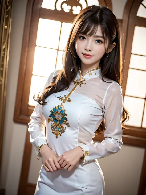 (Best Quality, 8k, 32k, Masterpiece, UHD: 1.3), Attractive Japan Woman Pictures, One Girl, 19 years old , Abs, Perfect Body, Ultra Detailed Face, Detailed Lips, Fine Eyes, Double Eyelids, seductive smile, (white ao dai), light brown hair, bangs, messy hair...