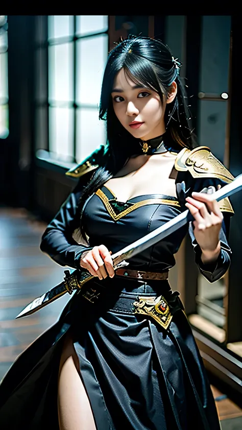 beauty girl with sword and sword in hand and sword in other hand, black - haired mage, guweiz on artstation pixiv, keqing from g...