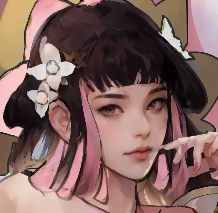 Pink Hair、Anime girl with a flower on her head, artwork in the style of Gu Weiss, Gu Weiss, In the anime painter studio, Kushat Krenz Key Women in Art, Detailed portrait of anime girl, Produced in collaboration with Anime Painter Studio, Atjem. High Detail...