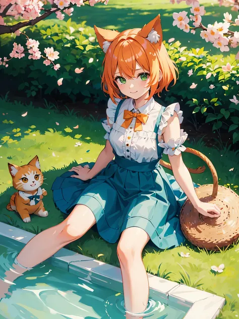 1 girl, neko mimi, loli, anime neko mimi orange short hair girl sitting in grass wearing maid outfit, eagle eye perspective, girl looking up with lovely shining green emerald eyes, cutest smile, outdoor background, floating sakura leaves, girl picnicking u...