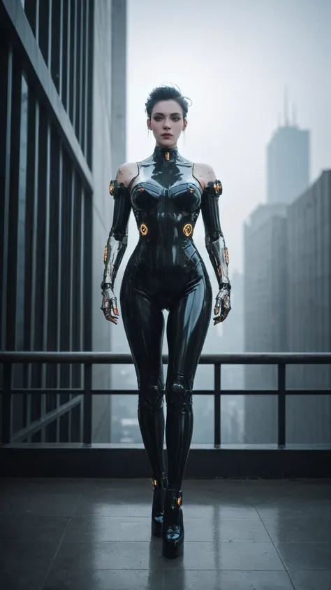 score_9, score_8_up, score_7_up, BREAK,
 A full-body, symmetrically designed cyborg in a steampunk and cyberpunk style, featuring an intricately detailed, hyperrealistic face. The full-length portrait is illuminated with cinematic lighting, showcasing the ...