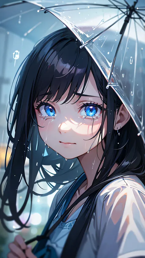 a crying girl, female high school student, , black hair, light blue eyes, wet in the rain, raindrops, holding an umbrella, dreamy and fantastical with bokeh, light reflections, puddles, best quality, 8k, highres, masterpiece, ultra-detailed, realistic, pho...