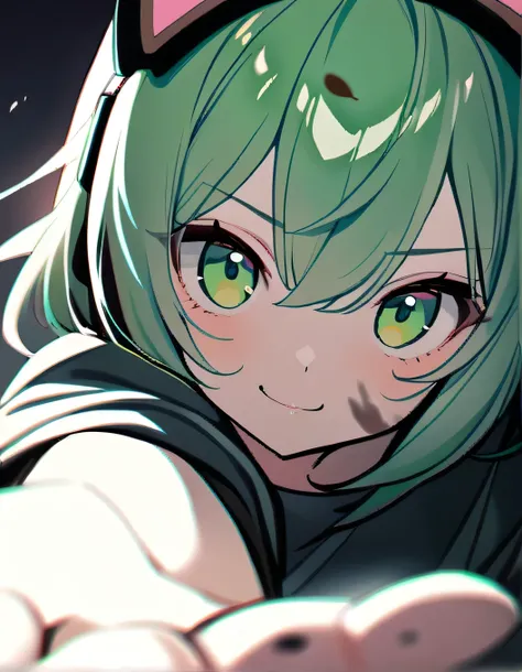 1girl, short green hair, green eyes, smile, cute, dirty face, cat headphone, gamer, outstretched hand, close-up, cinematic angle, foreshortening, dark, dark background, masterpiece, best quality