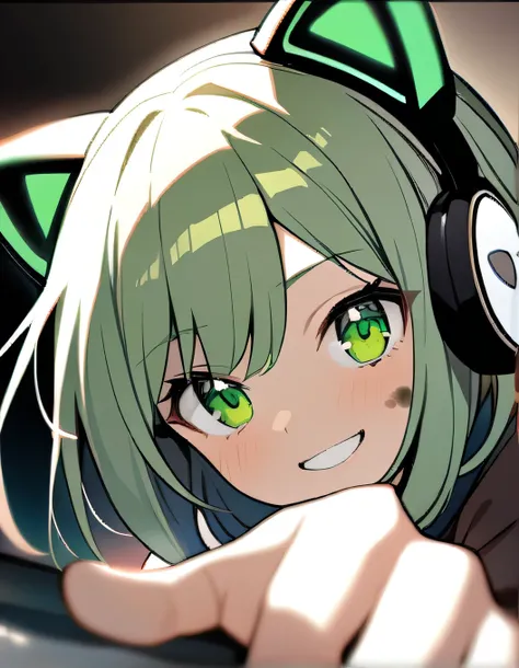 1girl, short green hair, green eyes, smile, cute, dirty face, cat headphone, gamer, outstretched hand, close-up, cinematic angle, foreshortening, dark, dark background, masterpiece, best quality