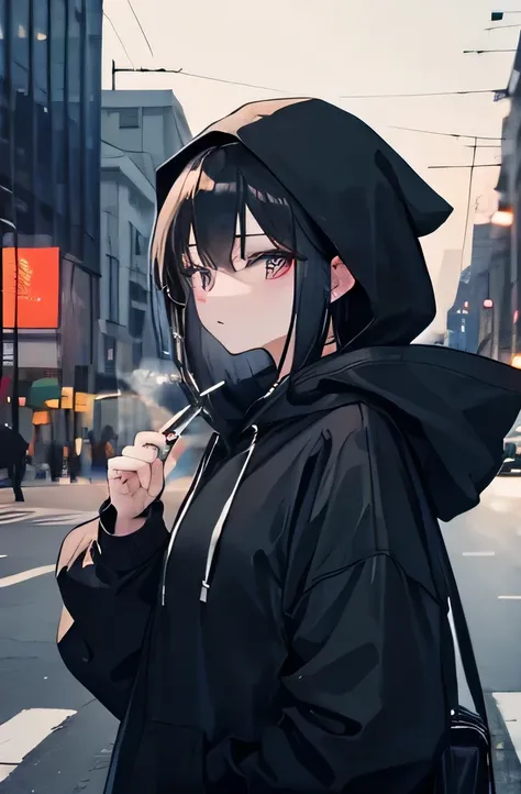 Night City、A man with black hair and a black hoodie with the hood up is smoking a cigarette with his left hand and looking at his smartphone with his right hand、A woman in her 20s with dark eyes
