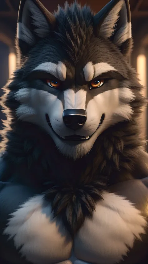 A close-up on the sexy face of a male wolf fursuit muscular 