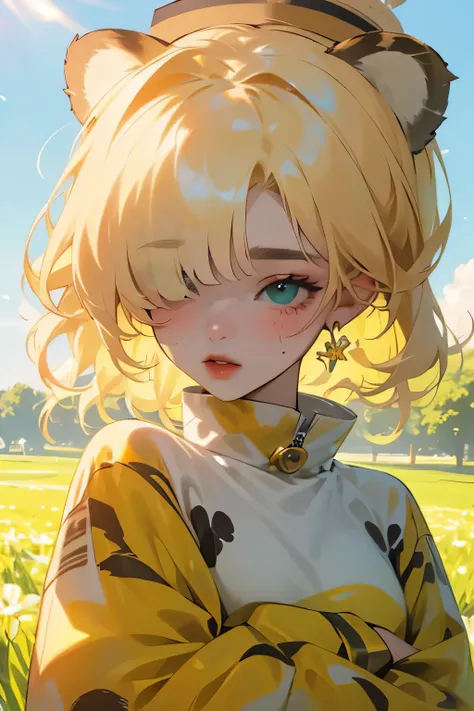 (high quality) (Best Quality) (Una Women) (correct physiognomy) (perfect students) (Perfect eyes) Women, blonde hair with bangs on the forehead, TWO cat ears growing out of his head, eyes with heterochromia dos ojos, one eye green and the other gold, sensi...