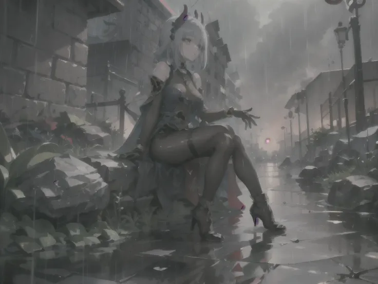 ((masterpiece,best quality)), a high resolution, 1 girl, only, horns, elbow gloves, toeless shoes, sitting next to a rock, rain,...