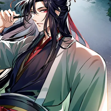 (masterpiece, best quality:1.2), 1male, solo, wei wuxian, mo dao zu shi, mdzs, black clothes, grey eyes, long black hair, perfect anatomy