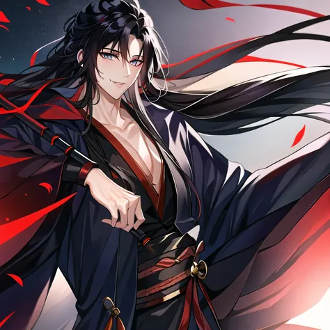 (masterpiece, best quality:1.2), 1male, solo, wei wuxian, mo dao zu shi, mdzs, black clothes, grey eyes, long black hair, perfec...