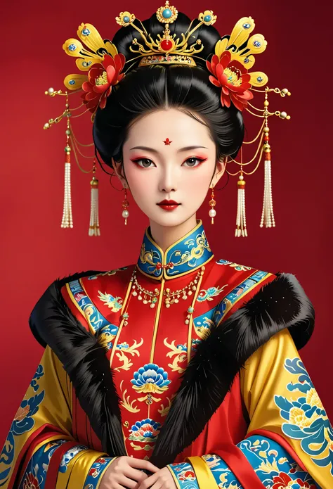 Phoenix Coronet：1.37.Solemn girl portrait，symmetry，Round Face，Bright Eyes，Smooth skin，Red peony headdress，Elegant and luxurious，Wealth，Gorgeous black and gold costumes，Chinese Qing Dynasty flag costumes,Selfish,Chinese Emperor，High bun，Gorgeous golden crow...