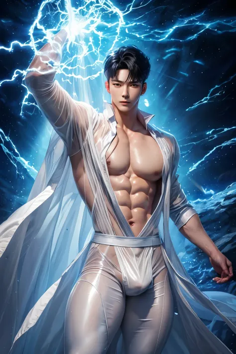 Realistic, High detailed, High quality, Cha Eun Woo, Photo of a handsome man (Korean guy who looks like a K-pop idol), 20 yo, The background is a celestial tower and blue mountain and dark clouds and lightning, Full length portrait, A white flowing see-thr...