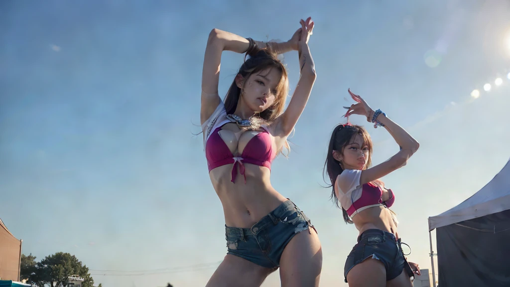 high angle,((3 girls k-pop dancing at a town festival)), ((A strong wind blows from below)),((Bra protruding from short T-shirt with loose chest, hot pants )), show of bra,14years old,short hair,cleavage,gyaru make,full body ,(8K, raw photo, best quality, ...