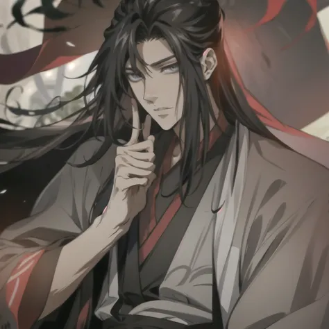 (masterpiece, best quality:1.2), 1male, solo, wei wuxian, mo dao zu shi, mdzs, black clothes, grey eyes, long black hair, perfect anatomy
