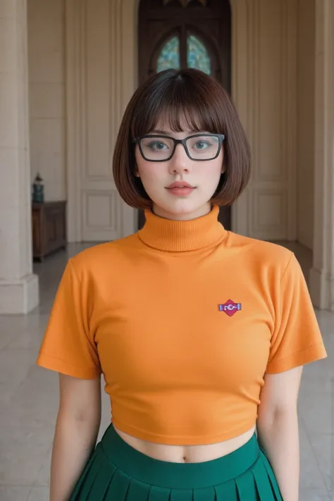 score_9, score_8_up, score_7_up, BREAK,
 a woman in an orange shirt and green skirt, inspired by John Collier, featured on reddit, centerfold, velma, dressed as schoolgirl, located in a castle, wearing a sexy cropped top, wearing tight shirt, cosplay photo...