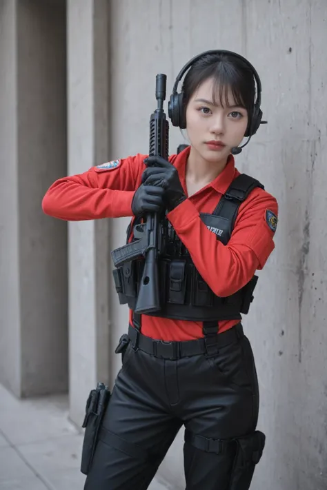 score_9, score_8_up, score_7_up, BREAK,
 ((Best Quality, 8K, Masterpiece: 1.3)), ((best quality)), photorealistic, photorealism, Photorealistic, high resolution, 1girl aiming with an  assault rifle, Combat pose, looking at the camera, (Detailed face), shor...