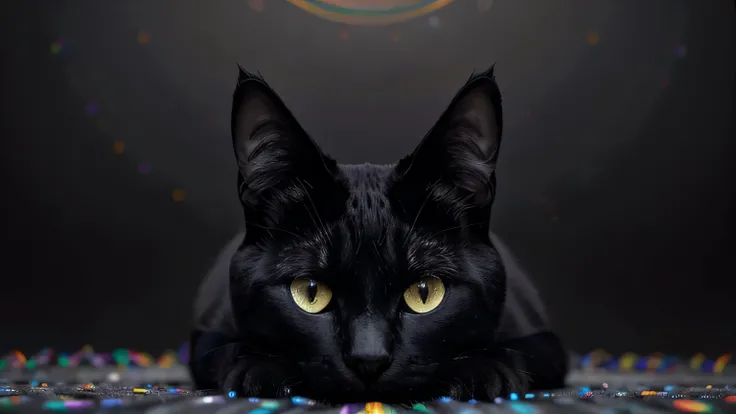 A surreal black and white cat resides within the vibrant, kaleidoscopic landscape of Rainbow Land. The cat, with its sleek, glossy coat, exhibits a contrast against the colorful environment. Its eyes, filled with curiosity, shine brightly as if reflecting ...