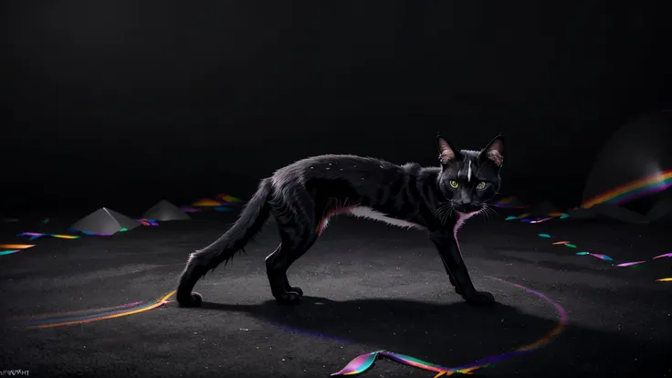 A surreal black and white cat resides within the vibrant, kaleidoscopic landscape of Rainbow Land. The cat, with its sleek, glossy coat, exhibits a contrast against the colorful environment. Its eyes, filled with curiosity, shine brightly as if reflecting ...