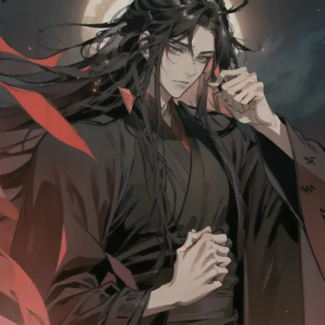 (masterpiece, best quality:1.2), 1male, solo, wei wuxian, mo dao zu shi, mdzs, black clothes, grey eyes, long black hair, perfec...