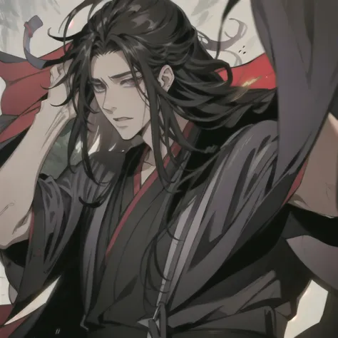 (masterpiece, best quality:1.2), 1male, solo, wei wuxian, mo dao zu shi, mdzs, black clothes, grey eyes, long black hair, perfec...