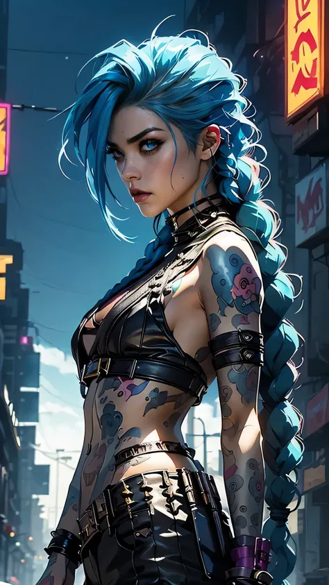 (((of the highest quality: 1.4))),(incomparable masterpiece ever), (ultra high definition),(Ultra-realistic 8k CG), Official Art、
 (((adult body))), (((1 girl in))), 
jinx arcane, uma mulher com hair green e tatuagens, cyberpunk woman anime woman, pants, B...