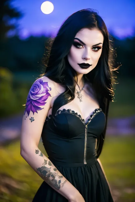 Generphie a hyper-realistic image thphi employs the shallow depth of field technique, Head and shoulders portrait to highlight a beautiful gothic girl wearing a gothic dress, (Long flowing hair with bangs, S3xyFace )),skull tattoo, ((heavy make-up)) , phi ...