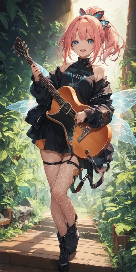 (score_9, score_8_up, score_7_up), BREAK source_anime, 1girl, solo, rirei (fairy chord), rirei (fairy wings), rirei (hair ornament), rirei (rock clothes), ponytail, smile, open mouth, black shirt, black jacket, open jacket, bare shoulders, fishnets, boots,...