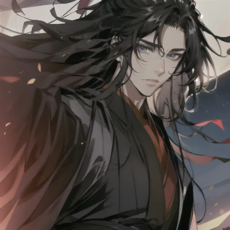 (masterpiece, best quality:1.2), 1male, solo, wei wuxian, mo dao zu shi, mdzs, black clothes, grey eyes, long black hair, perfect anatomy. happy
