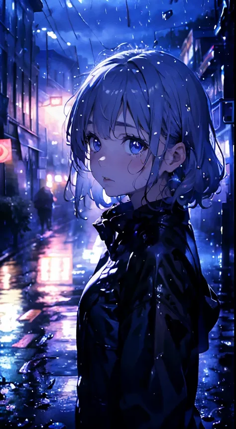 ( Highest quality,4K,8K,High resolution,masterpiece:1.2),Super detailed,(Realistic,photoRealistic,photo-Realistic:1.37),rainy scene,stress,Outdoor,Gloomy atmosphere,Realistic droplets on the face,Soaked clothes,Dark colors,despair,Devastation,Lonely,Lost i...