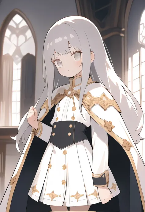 8K, (Tabletop), (High resolution), (dramatic), (Natural light), (small), 1 Girl, young, Baby Face, Flat Chest, , Gray Hair, Long Hair, (Straight Hair Skin)), Beautiful Hair, White clothes, dress, Long bangs, ((Cape)), White Skirt, (uniform)