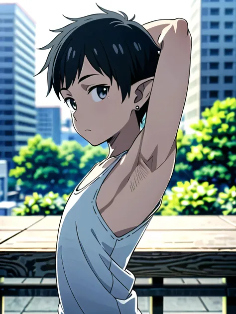 Highres, Masterpiece, Best quality at best,Best Quality,hight quality, hight detailed, Anime screencap style, 1boy, Young boy, Shota, Tank top, Elf ear, earring, Straight hair, Seen from the side, look at viewer, (very young boy), (very small and short bod...