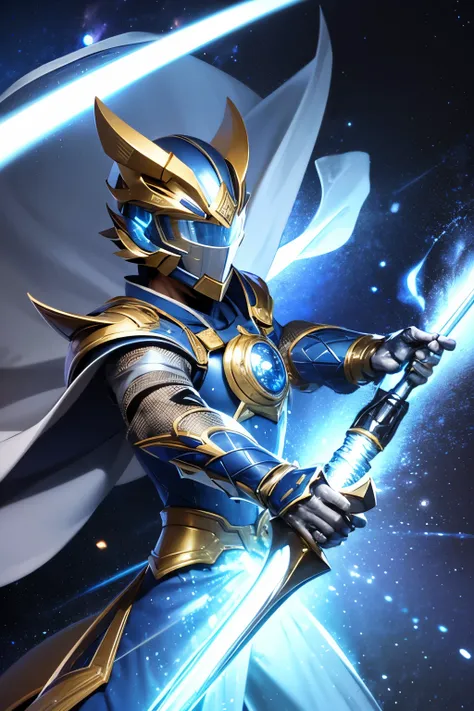 A hero in high-tech silver-blue armor with a visor that covers his entire face, floating while holding a silver and gold colored halberd, space distorts around the hero