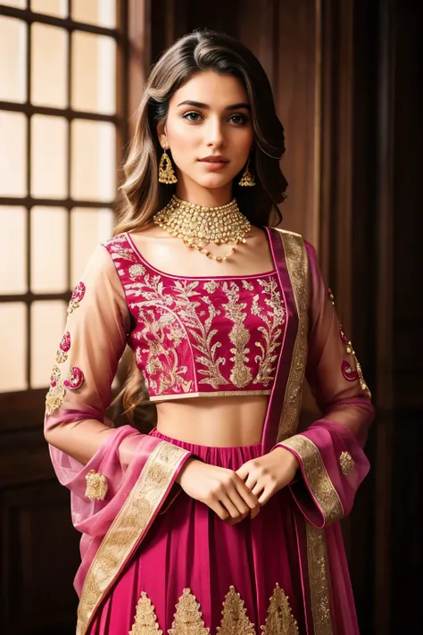 In this portrait photo, a beautiful 20-year-old female Instagram model exudes grace and elegance. She is fully dressed in a pinkivory intricate Sharara Suit, a traditional desi ensemble that showcases rich cultural heritage. The Sharara Suit features a det...