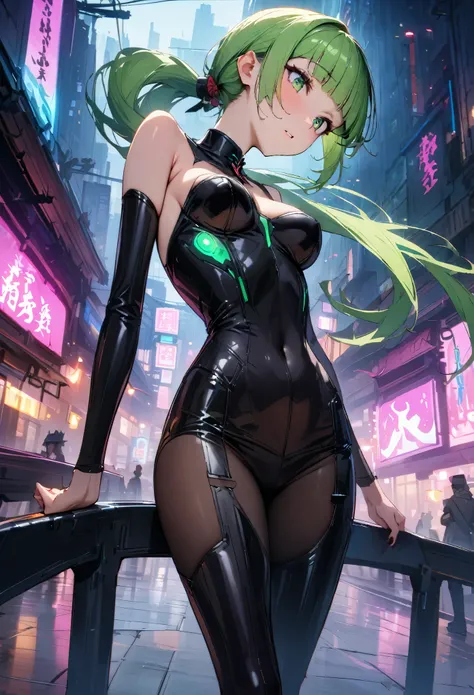 ((masterpiece,Highest quality:1.3)),cowboy shot,1woman,30 year old beauty,独奏,((very small head:1.3)),green hair,(low ponytail),long hair,blunt bangs,green eyes,gorgeous eyes,shy,medium breasts,((very long body:1.2)),((toned body,slender body,skinny)),gleam...