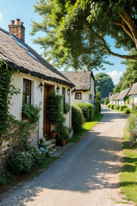 : A picturesque, small village with charming cottages, 