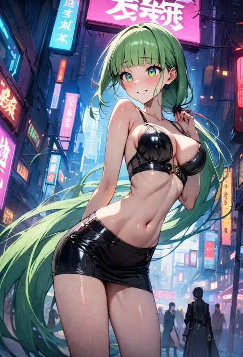 ((masterpiece,Highest quality:1.3)),cowboy shot,1woman,30 year old beauty,独奏,((very small head:1.3)),green hair,(low ponytail),long hair,blunt bangs,green eyes,gorgeous eyes,shy,smile,medium breasts,((very long body:1.2)),((toned body,slender body,skinny))...