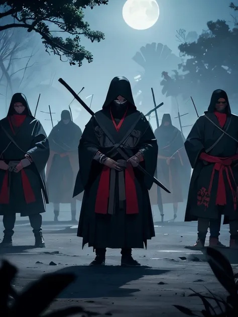 Create a dark and intense image of a clan of Mexican ninjas. The image should show several ninjas together striking ninja poses like in an anime or in an epic arrival in battle in a mysterious nocturnal environment, with a threatening aura. Ninjas must wea...