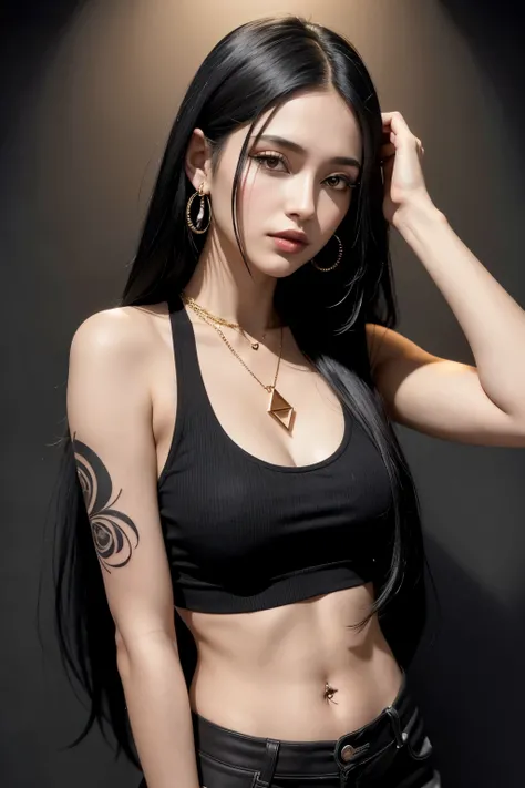 
a 24 year old woman. She has long black hair, his eyes are also black and his skin is somewhat tanned.
She has rose thorn tattoos that cover her entire neck and left arm., and wears a black tank top and black pants She wears a simple gold necklace with a ...