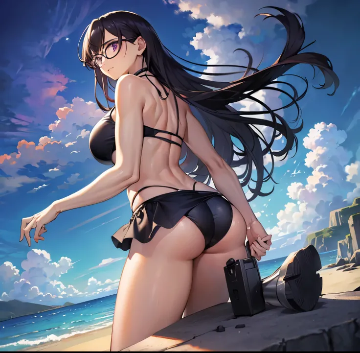 ((1 girl)),((alone)), hizuru minakata, Masterpiece, Ultra detailed, detailed background, sharp focus, curvy body, looking at viewer, perfect fingers, mature woman, cowboy shot, dynamic pose, hair long, black hair, black glasses, purple eyes, smiling, seduc...