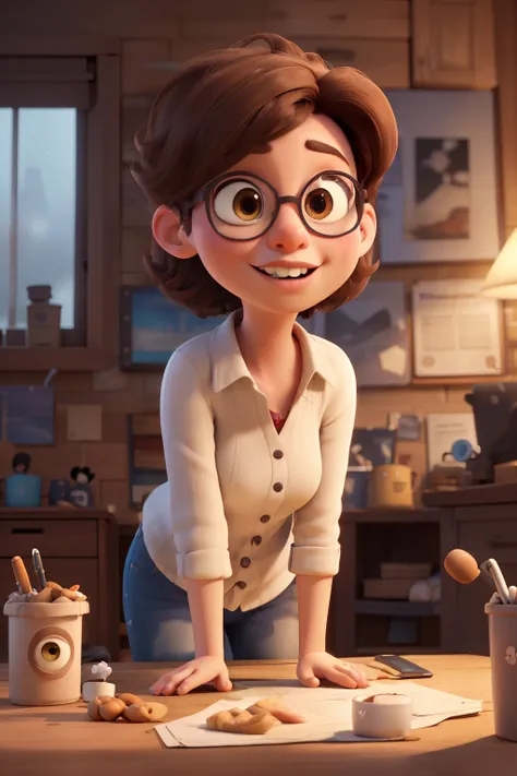 3d character, A woman young, brown hair, eyes browns, wearing glasses, pressing a mug on the machine (film composition), (Pixar-style:1.2), (CGI animation: 1.2), (Disney: 1.2), (animated cartoon: 0.2), (best qualityer, work of art, 4K, ultra detaild, sharp...